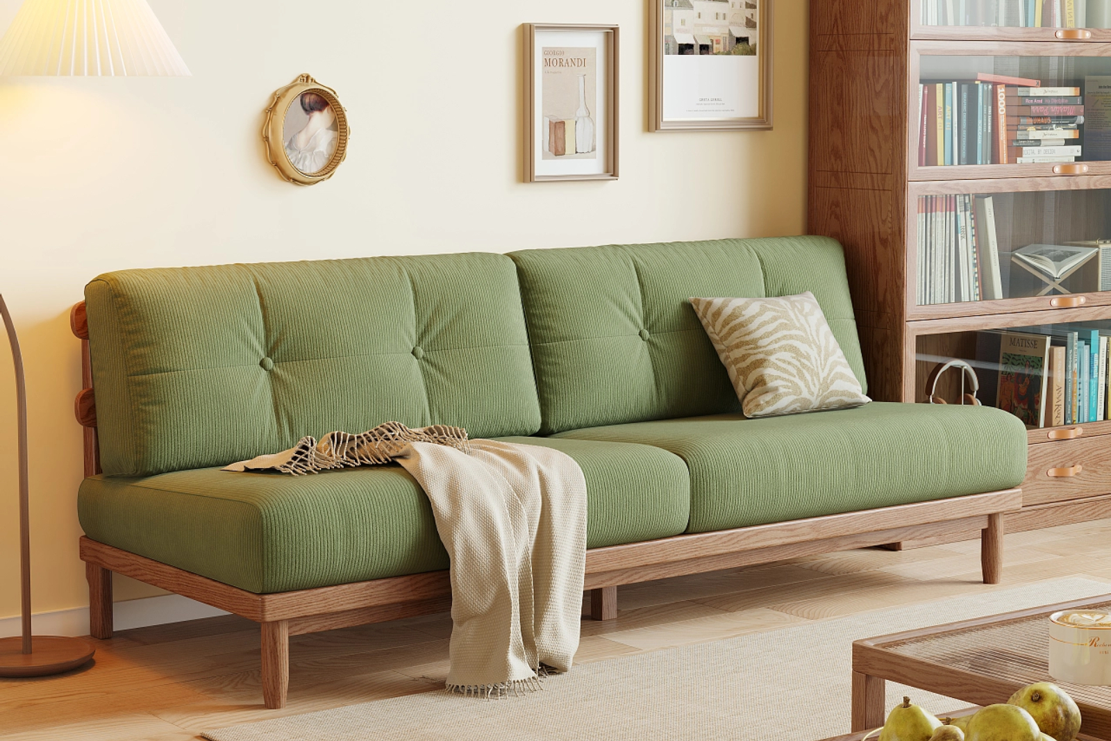 3d furniture rendering of a green sofa